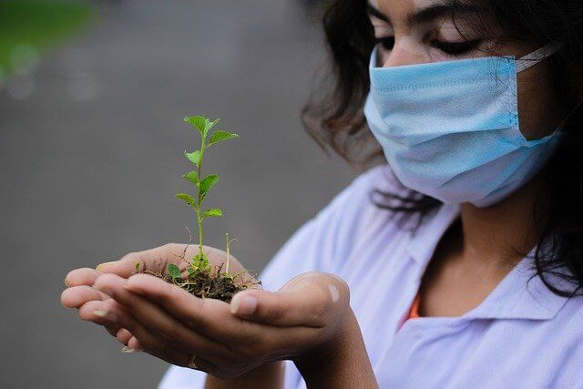 マスクを付けた女性が植物を両手に載せてる写真