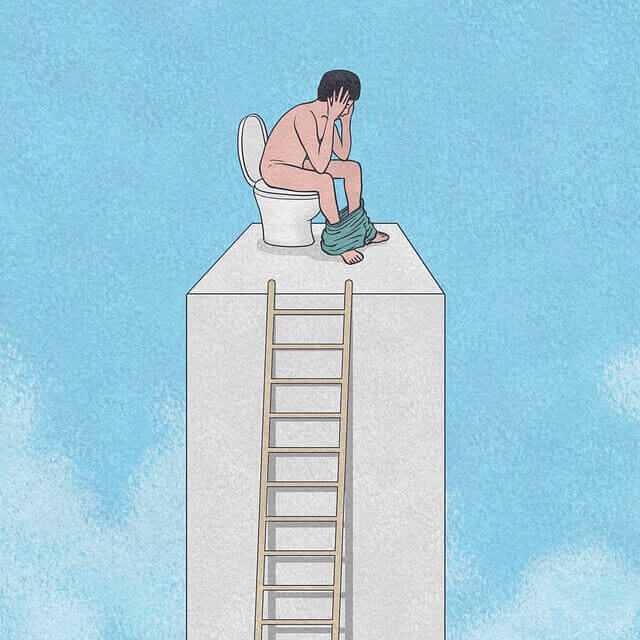 高い建物のてっぺんで便器に座り便秘に悩む男の人のイラスト