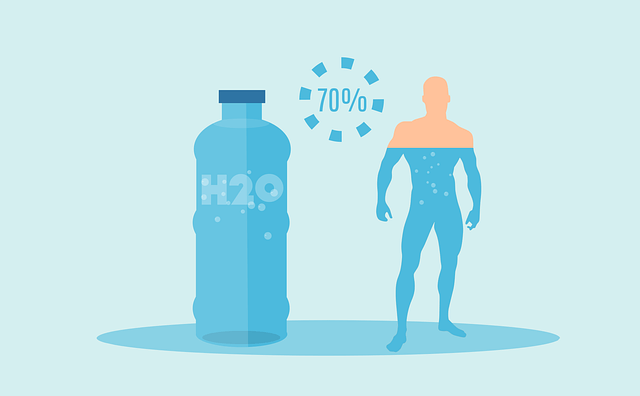H2O表記されたペットボトルと男の人の水分量70％を表現しているイラスト
