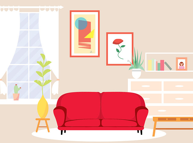 赤いソファーがあるリビングのイラスト