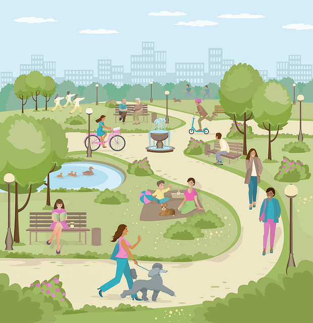 人で賑わう午後の公園のイラスト